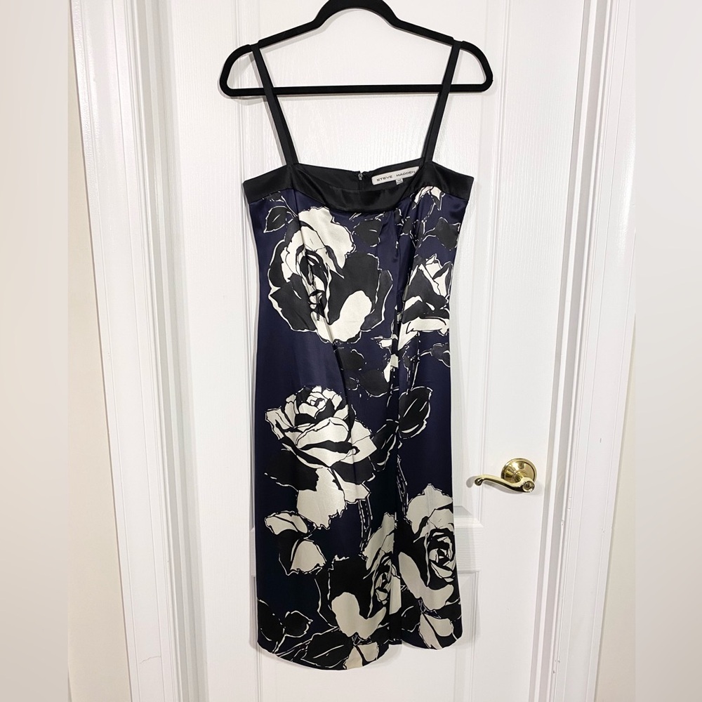 Y2K Steve Madden SILK Floral Faux Wrap Spaghetti Strap Dress Black Navy Size 10